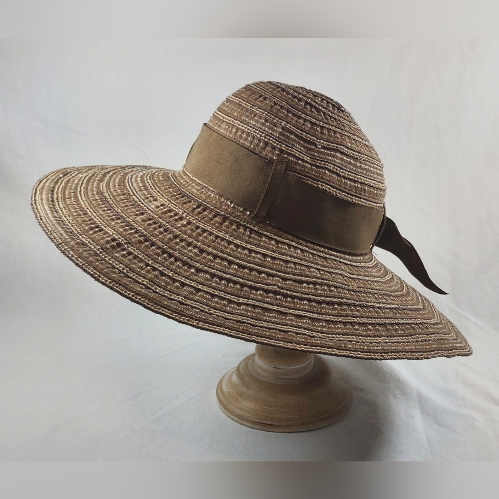 Elegant Brown Women's Sun Hat Ribbon Hat. Large Brim